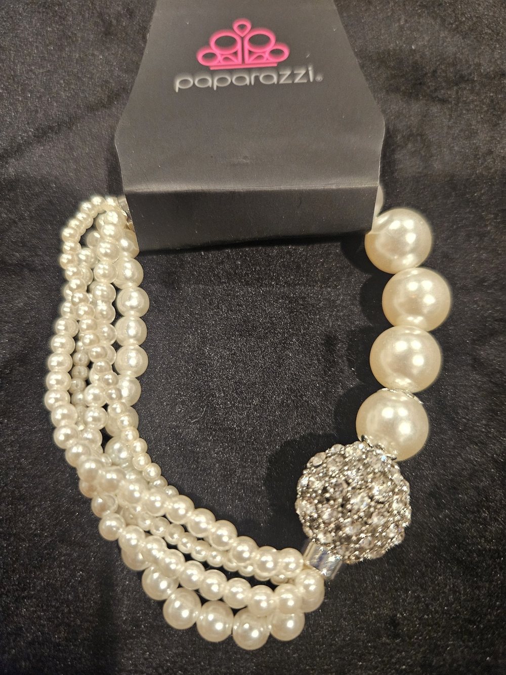paparazzi Cream Pearl Multi-Strand Necklace with Rhinestone Ball
